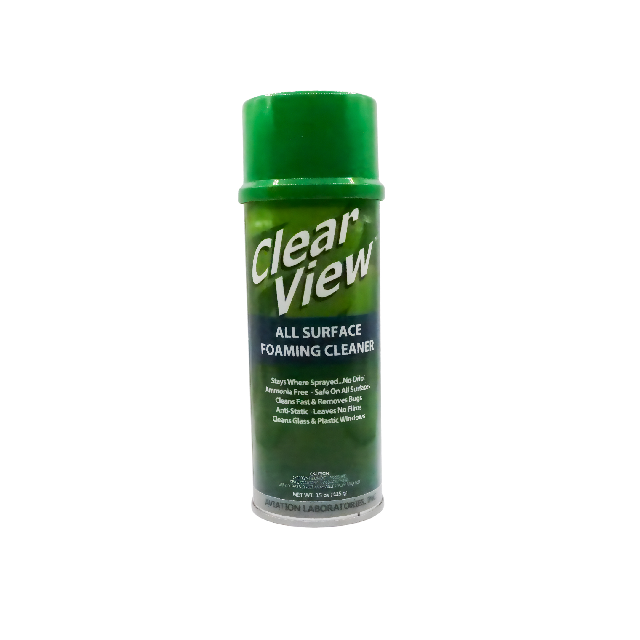 A green can of Clear View all surface foaming cleaner.