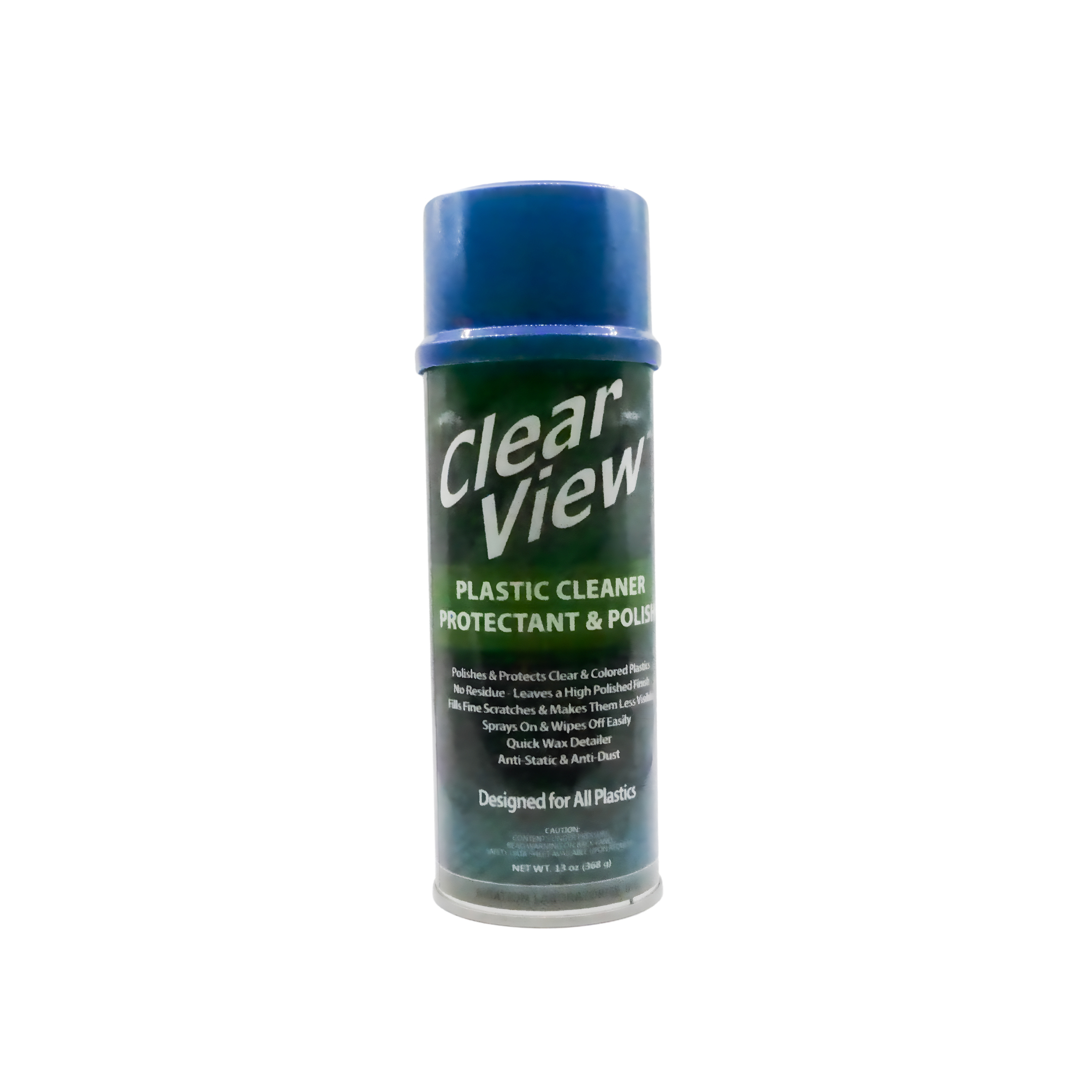 Aerosol can of Clear View plastic cleaner and protectant.